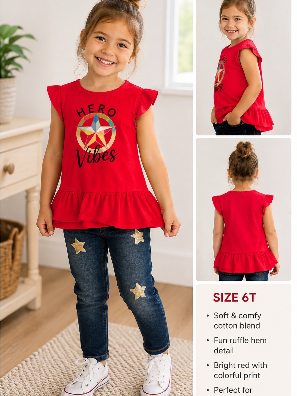 Marvel Red Ruffle Hem Tank Top with Star Graphic (6T)